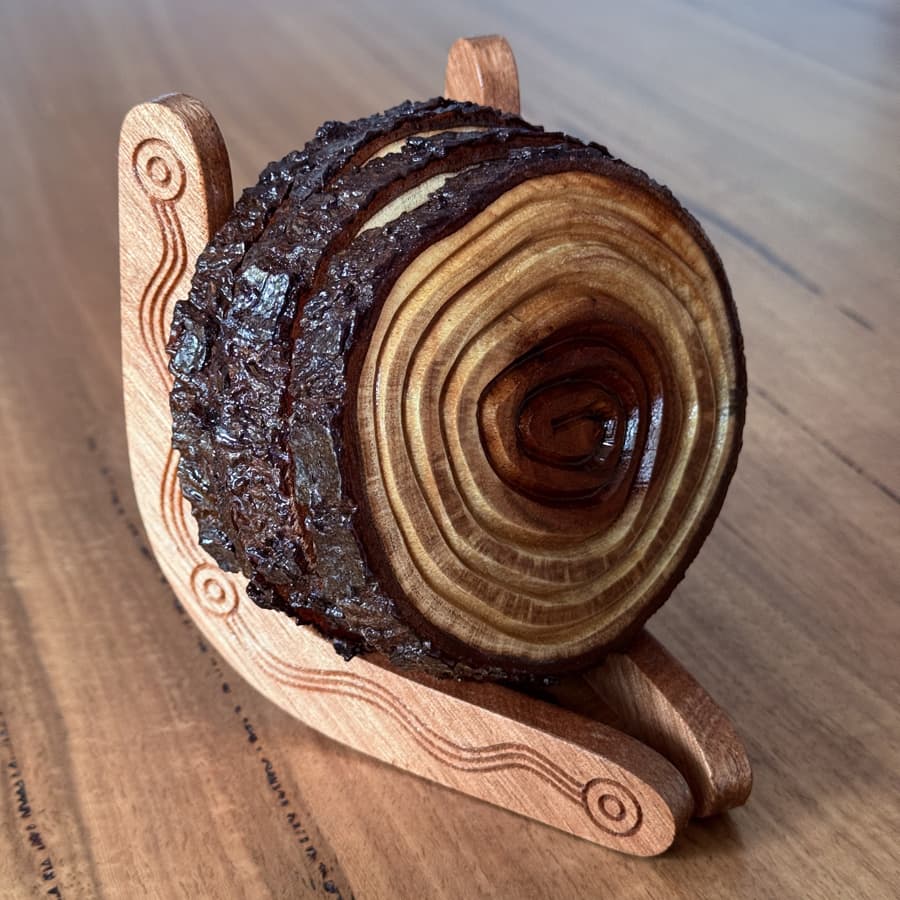 Carved Blackwood coasters (set of 4) with boomerang holder.